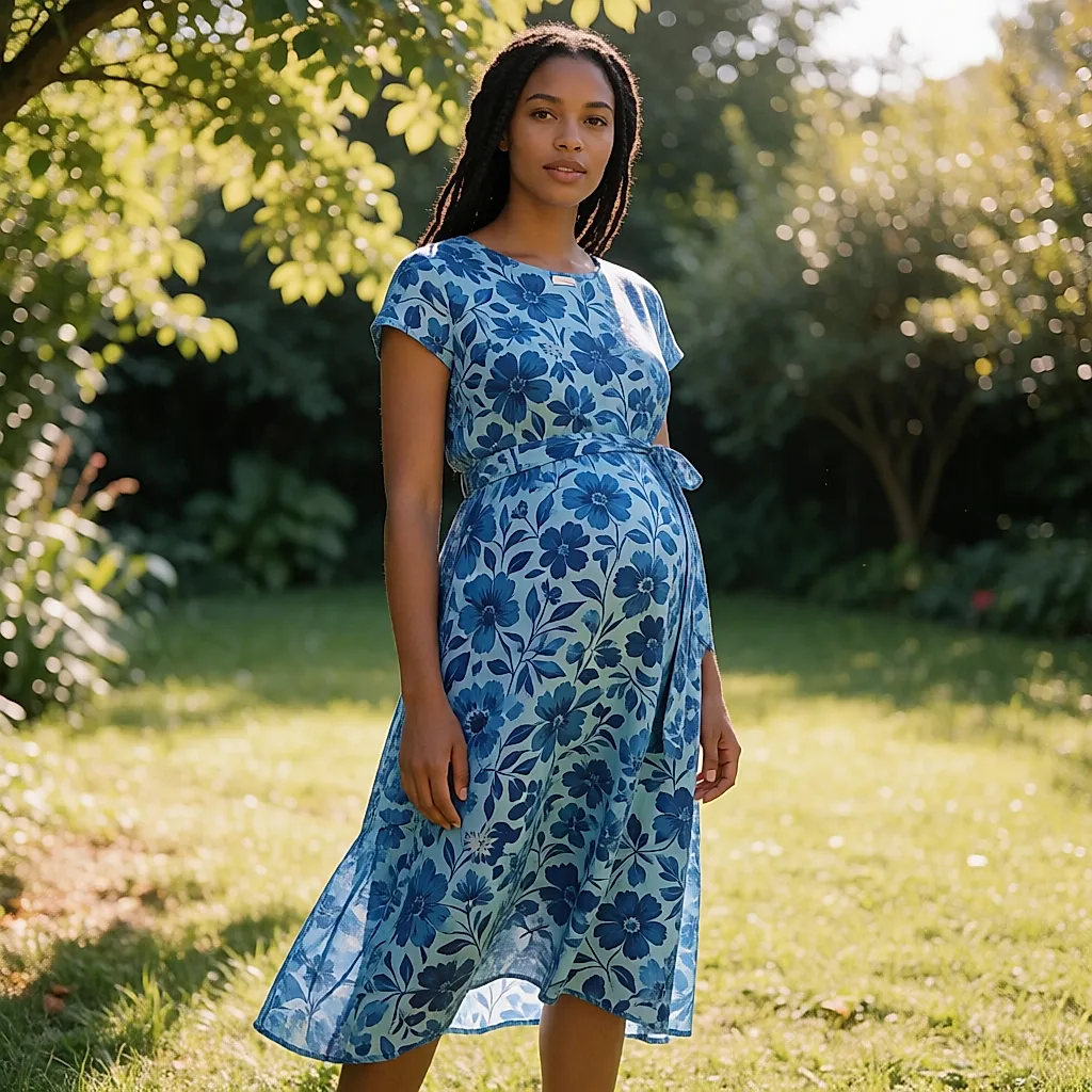 Robe en coton acidulée Mammafashion ceinturée sur le ventre, imprimé floral, en été