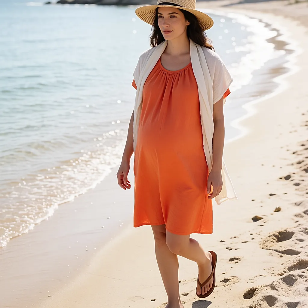 Robe orange stretch Mammafashion et chapeau de paille sur une plage lumineuse