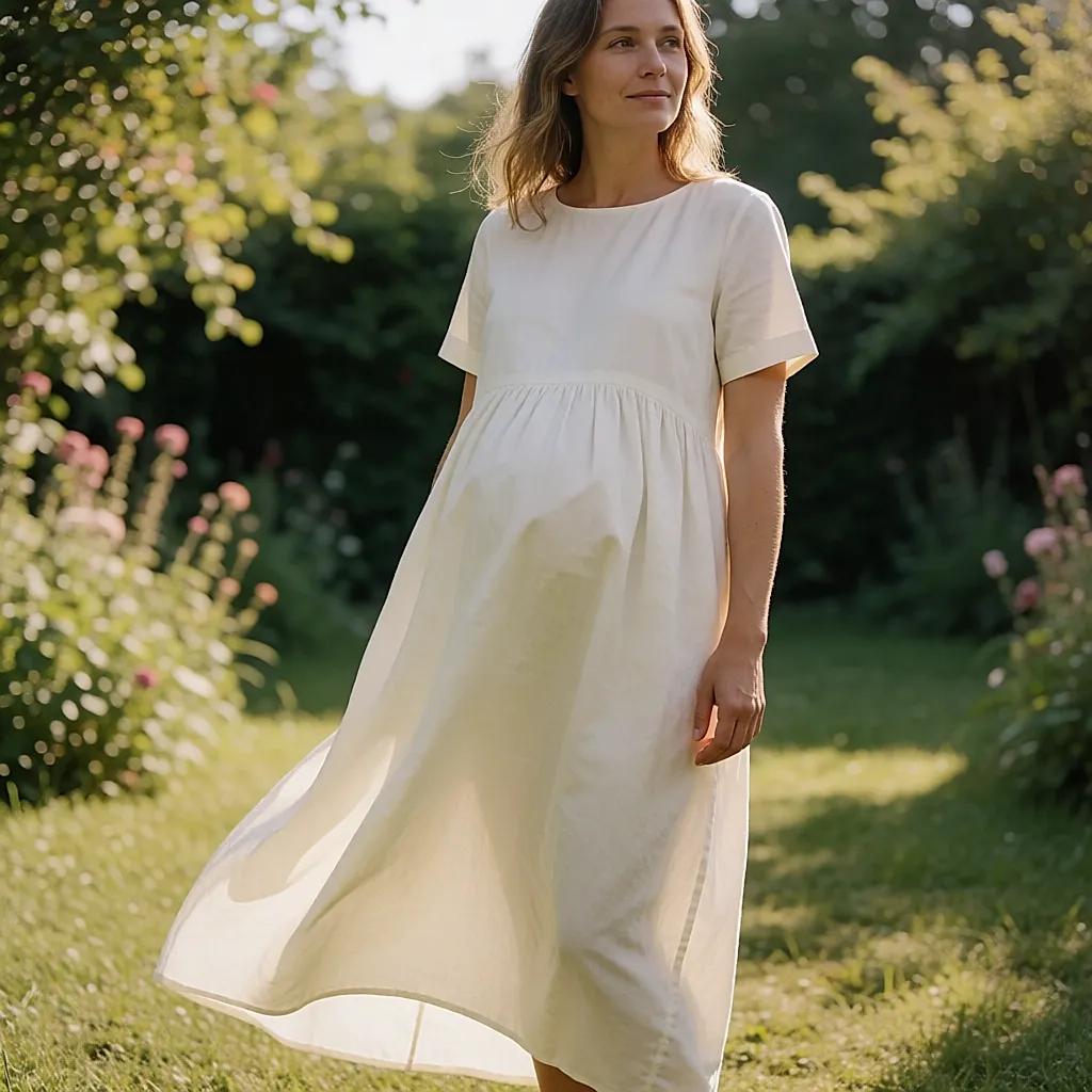 Robe longue Envie de Fraises en coton léger portée dans un jardin d'été