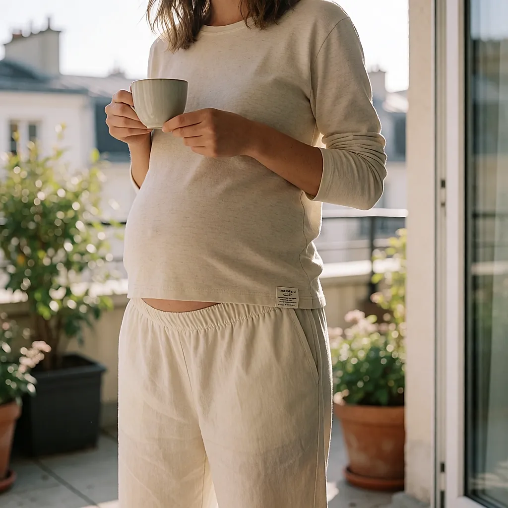 Pantalon pantacourt Bidon-ville et haut manches longues en coton portés sur une terrasse