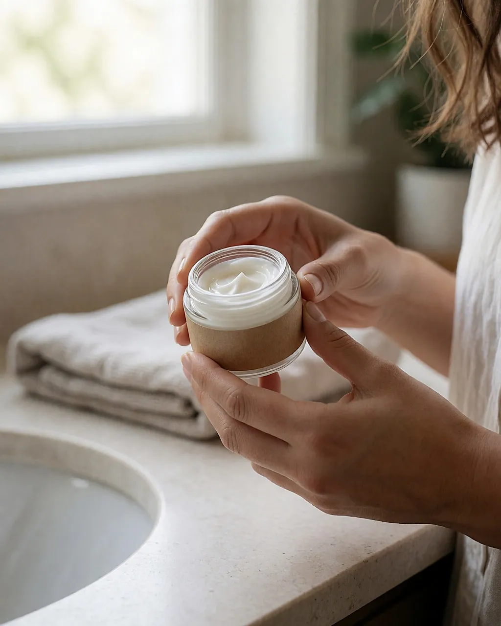 Manos sosteniendo un tarro pequeño de crema facial de vidrio abierto, sobre el borde de un lavabo