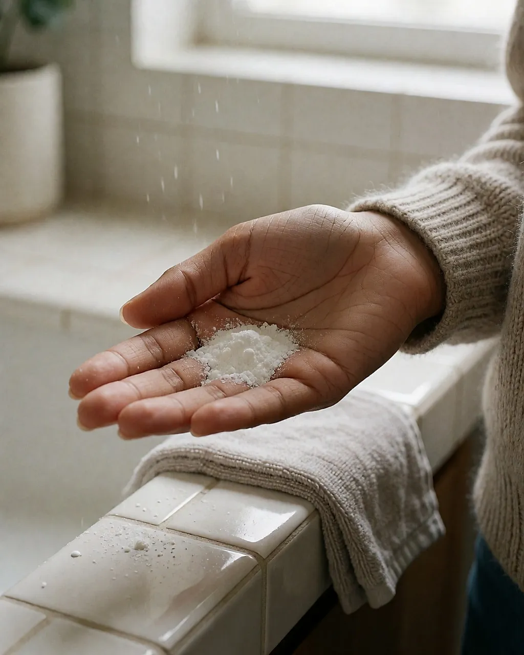 Palma abierta sosteniendo un polvo exfoliante muy fino, con gotas de agua cayendo encima sobre un mostrador alicatado