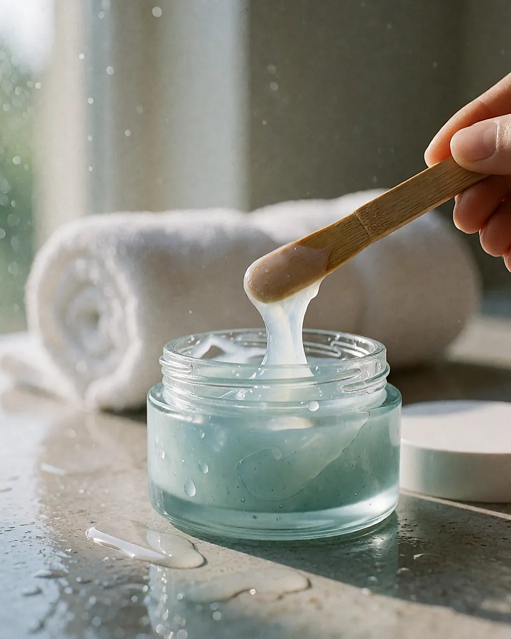 Gel de mascarilla translúcido recogido con una espátula de un tarro de cristal sobre un mostrador mojado