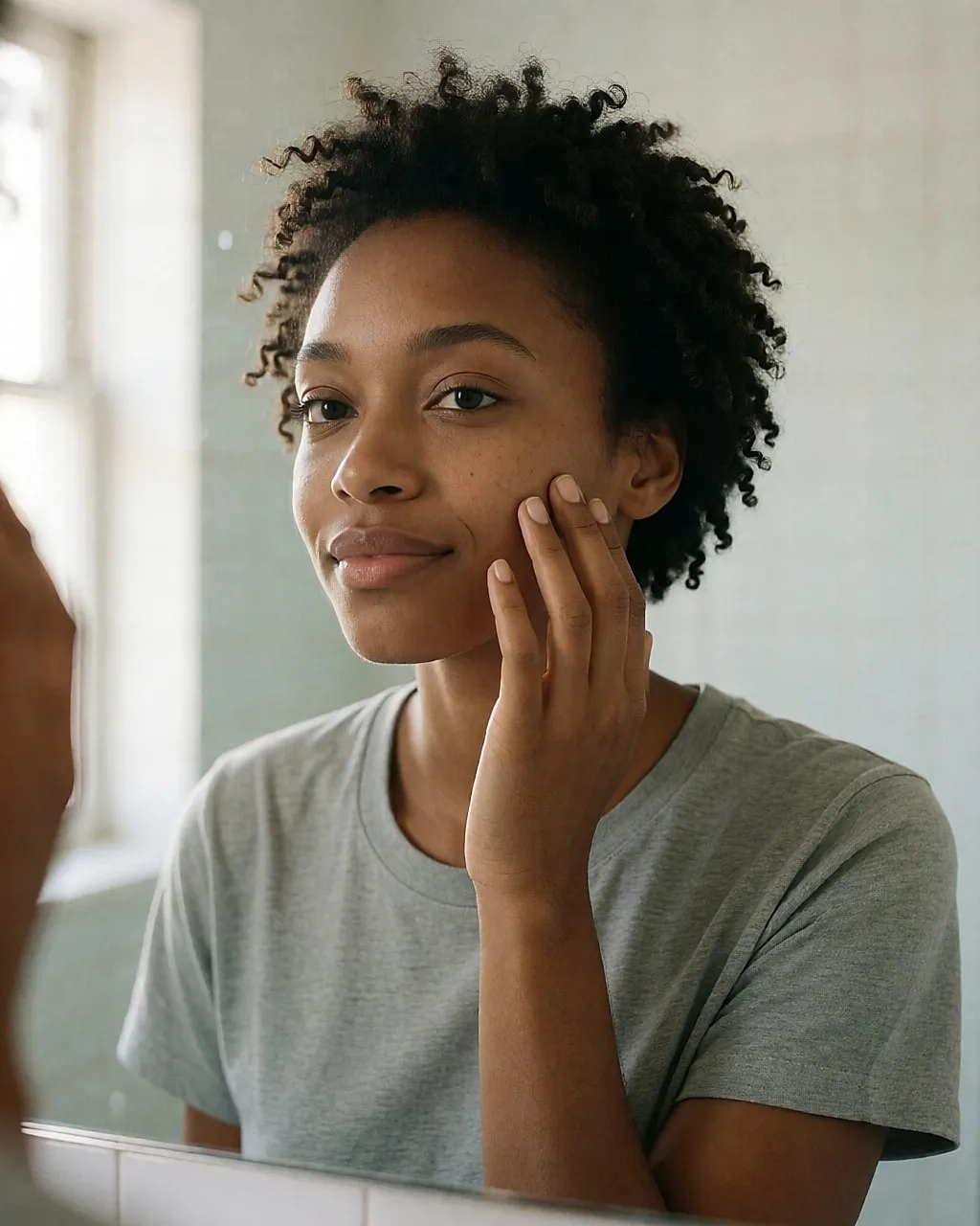 Mujer joven negra sin maquillaje observando su piel en el espejo, con la mano sobre el pómulo