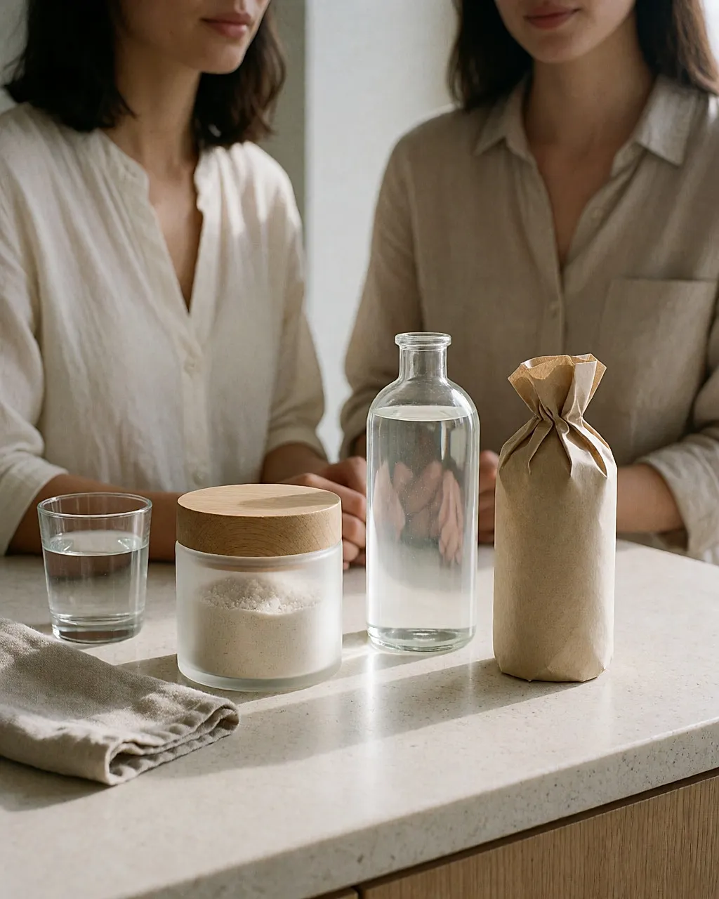 Tarro de cristal rellenable, frasco de cristal y producto sólido envuelto en papel kraft sobre un mostrador de piedra clara