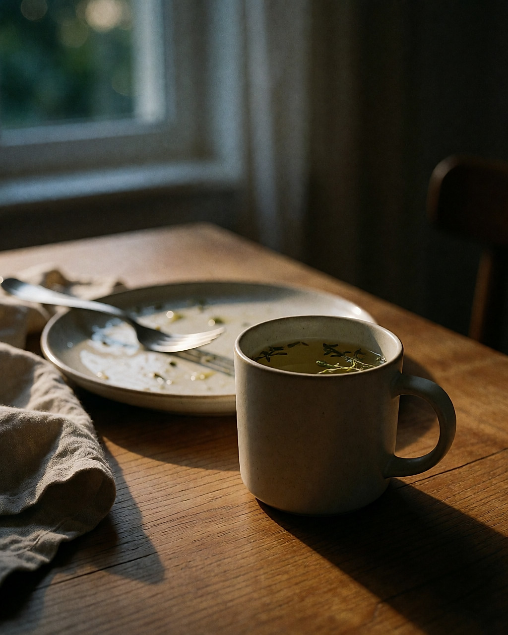 Mug de tisane claire sur une table de dîner terminé, à la tombée du jour
