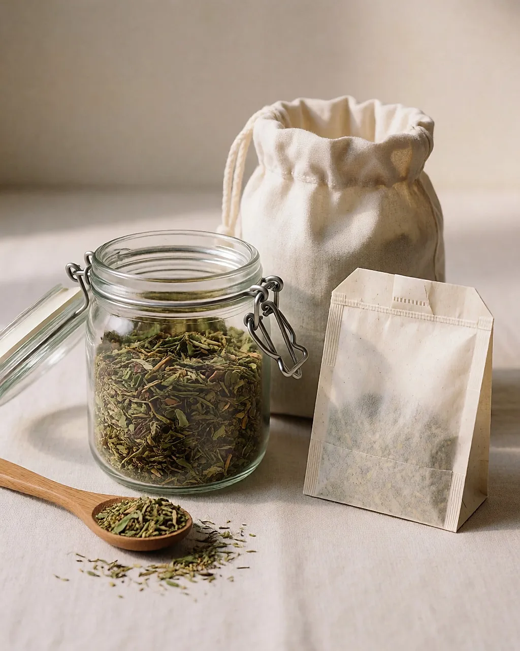 玻璃密封罐、亚麻布袋和可降解茶包,花草茶的三种包装形态
