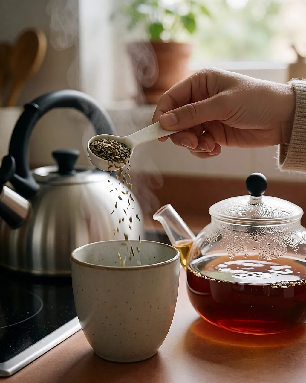 一平勺花草倒入茶杯,背景是烧开的水壶