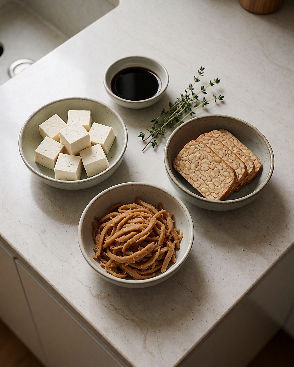 Trois bols de céramique avec tofu en cubes, tempeh en tranches et seitan effiloché