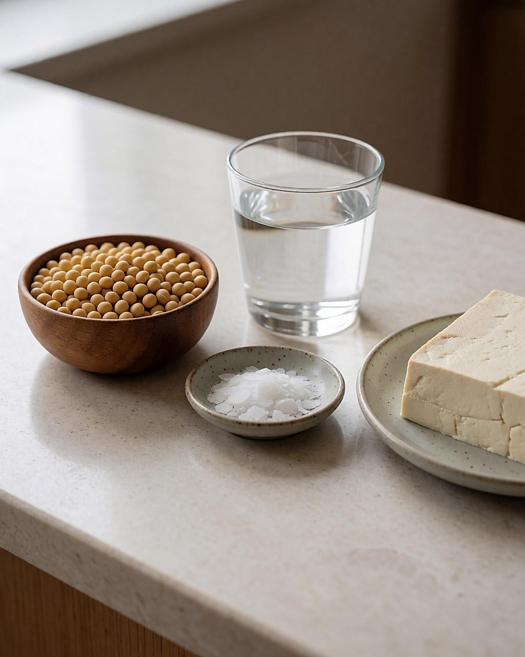 Grains de soja, eau, coagulant et bloc de tofu frais sur un plan de travail clair