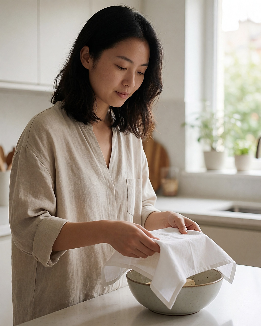 Jeune femme en cuisine enveloppant un bloc de tofu dans un linge propre pour l'égoutter