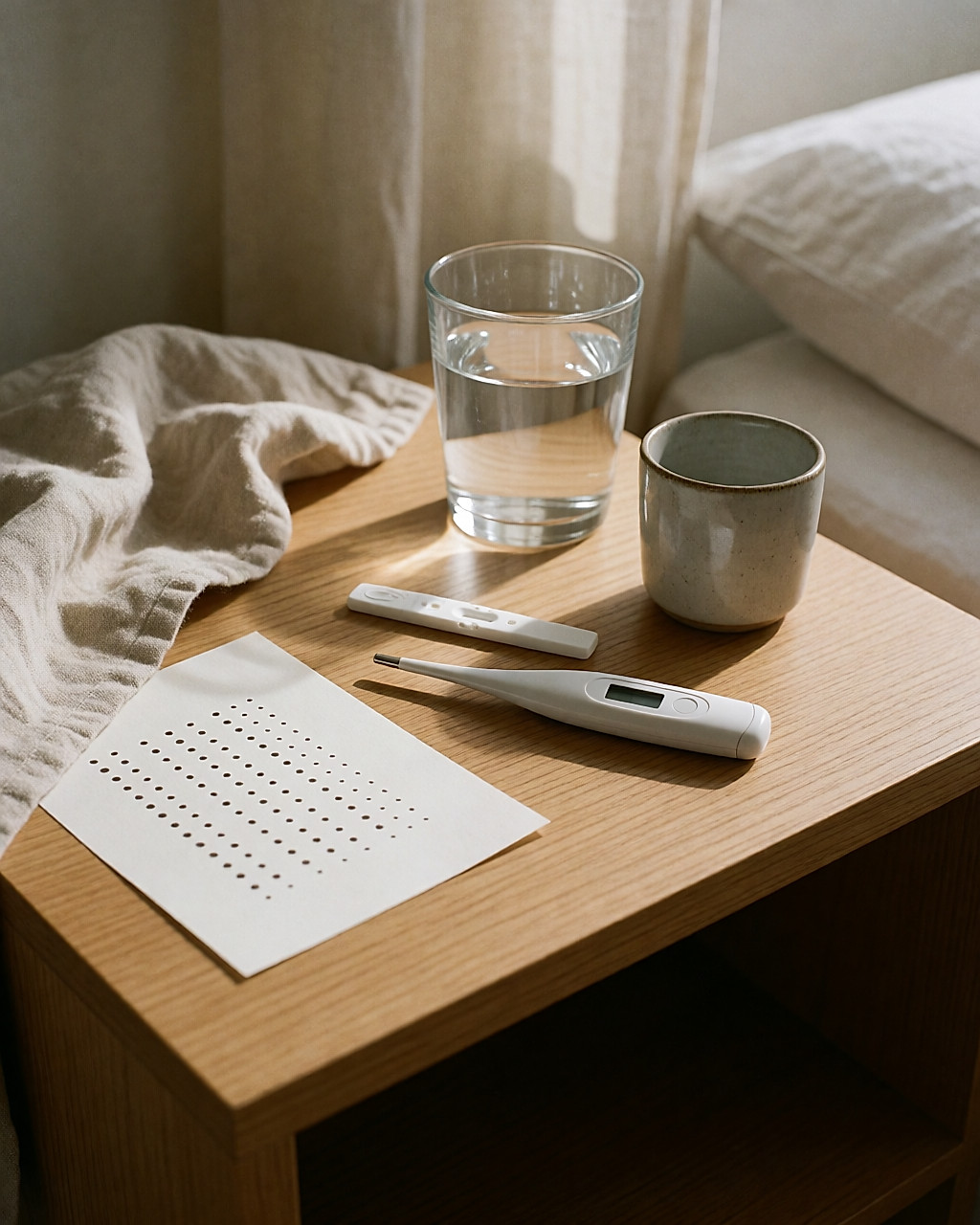 Thermomètre basal, test d'ovulation et carnet posés sur une table de chevet dans la lumière du matin