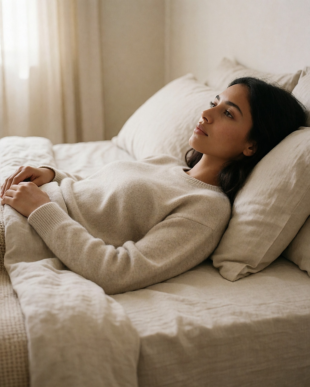 Jeune femme allongée calmement sur un lit, détendue, dans une tenue douce et couvrante