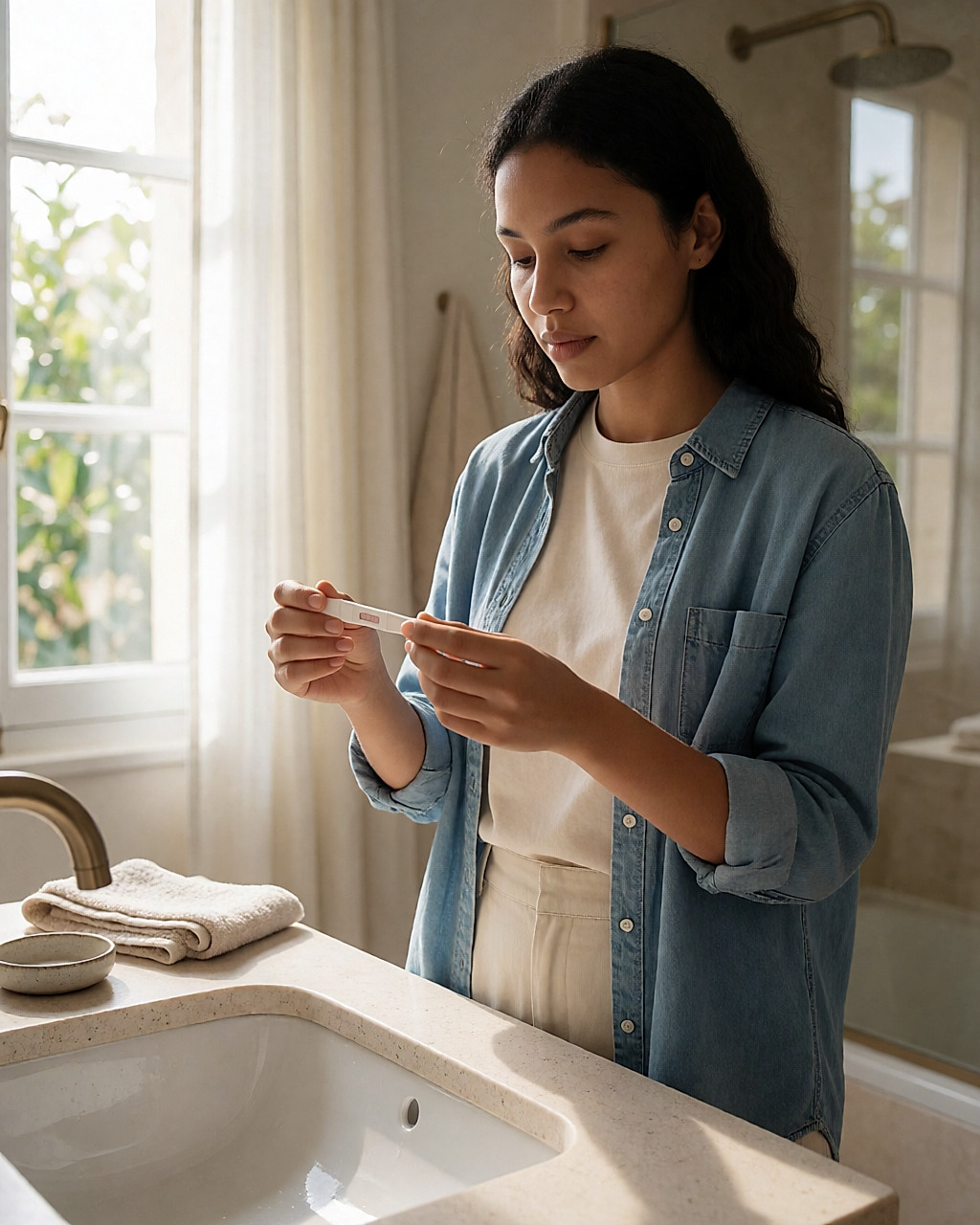 Jeune femme métissée devant le lavabo, lisant une bandelette de test d'ovulation à la lumière du jour