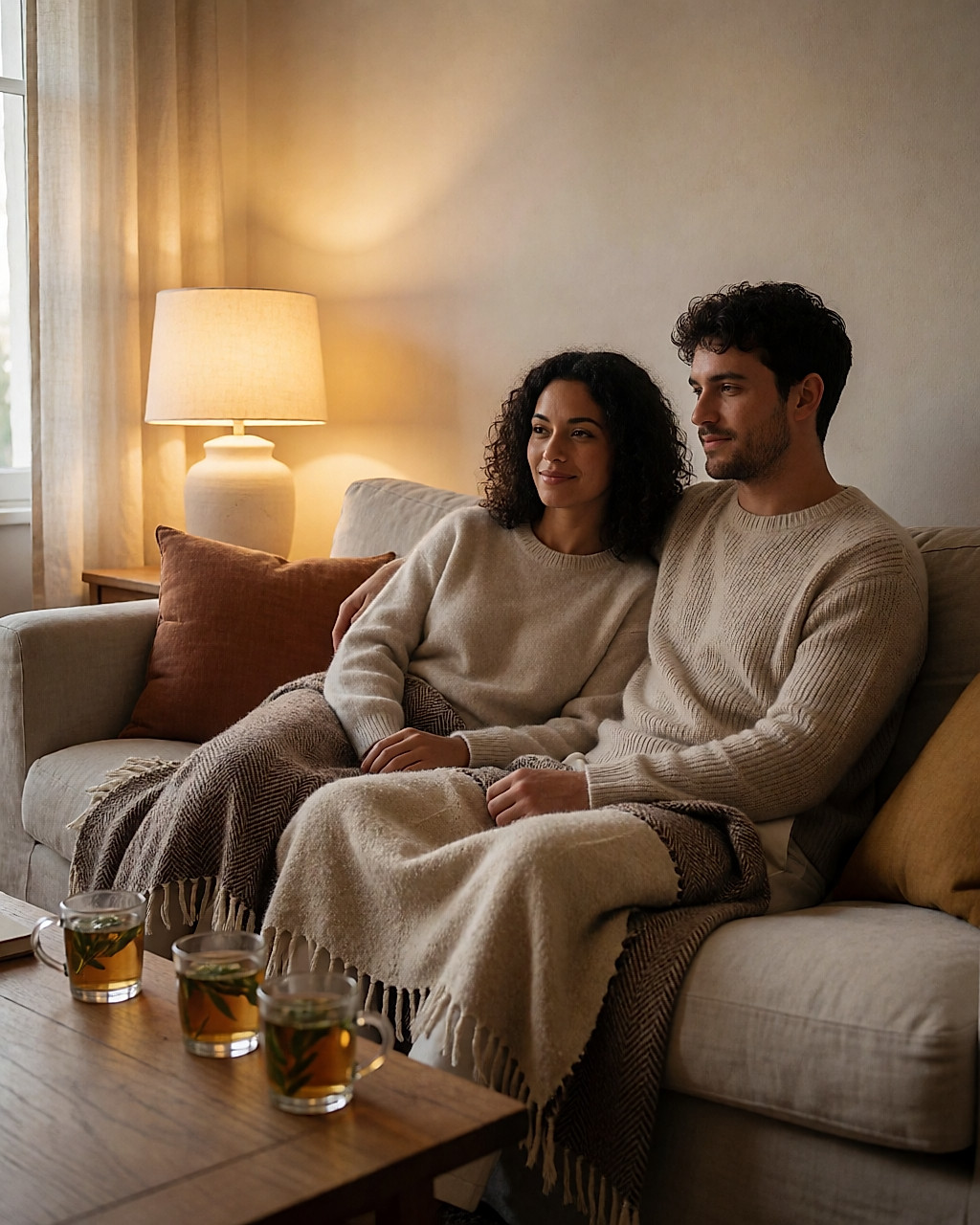 Couple détendu sur un canapé en lin à la tombée du jour, tasses de tisane sur la table basse
