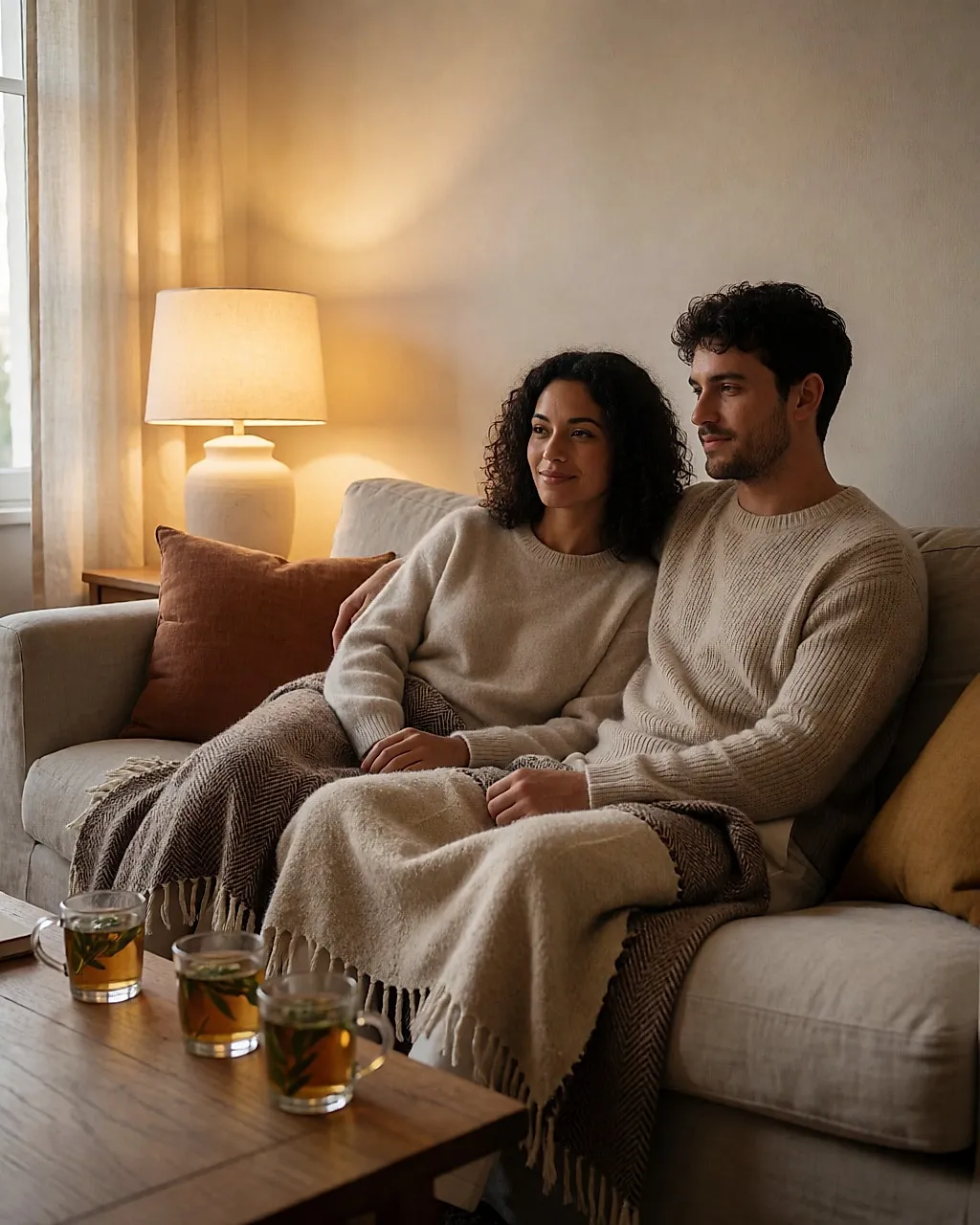 Entspanntes Paar auf einem Leinensofa im Abendlicht, Tassen mit Kräutertee auf dem Couchtisch