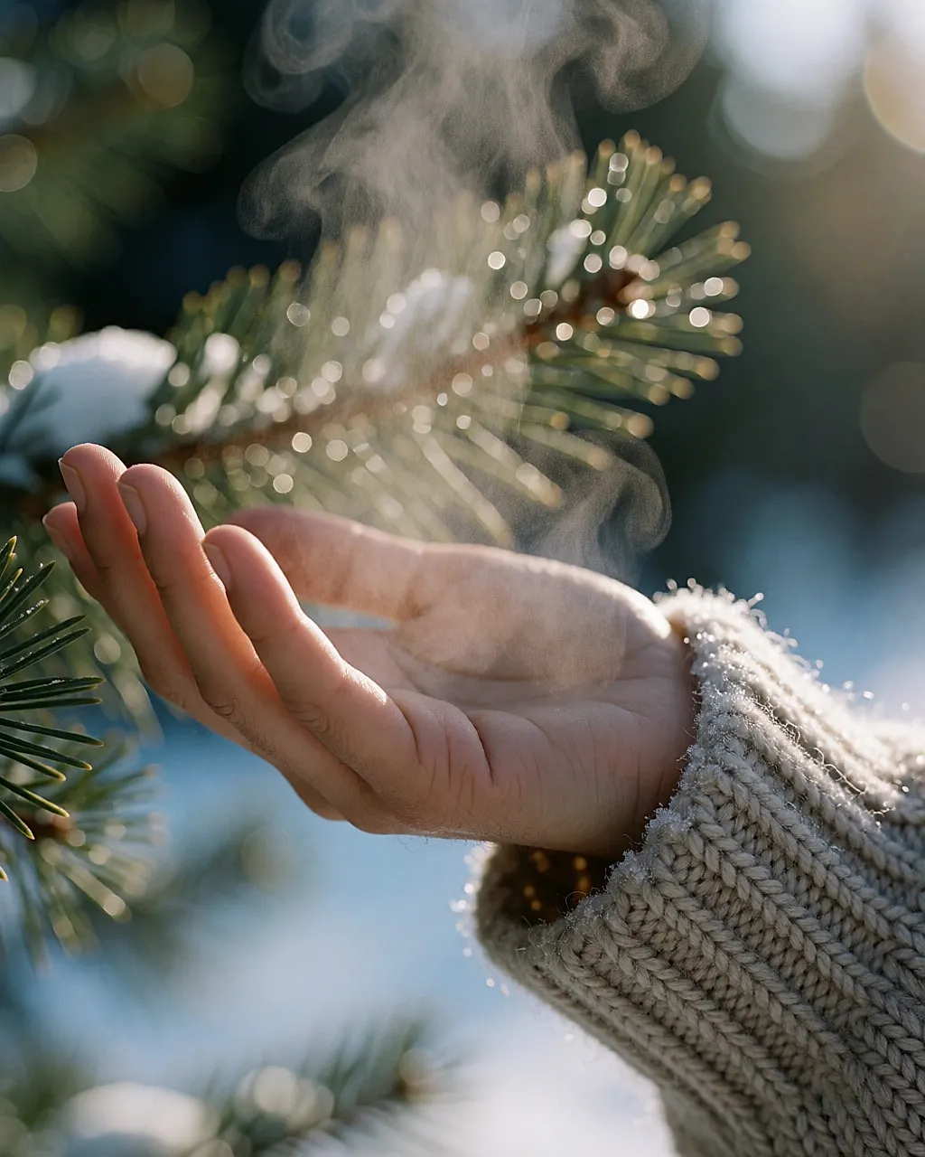 Une main ouverte dans l'air glacé, un filet de vapeur et du givre sur la manche de laine