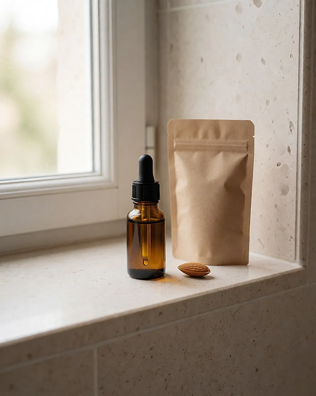 Frasquito de vidrio ámbar de aceite de jojoba para las cutículas sobre un estante de piedra clara