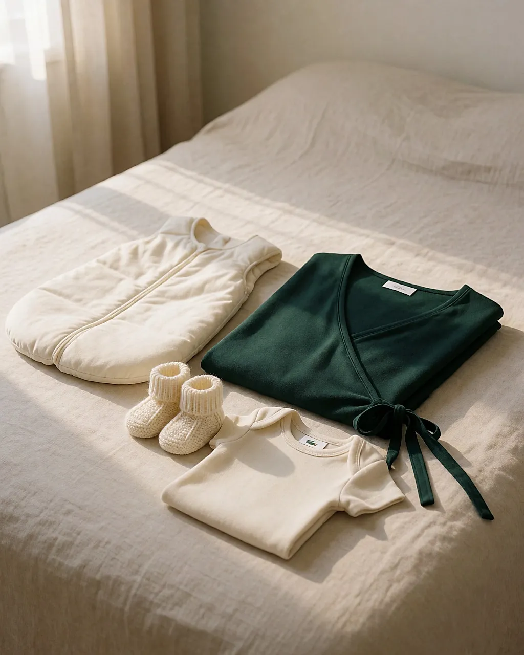 Folded maternity dress next to a baby sleeping bag and booties