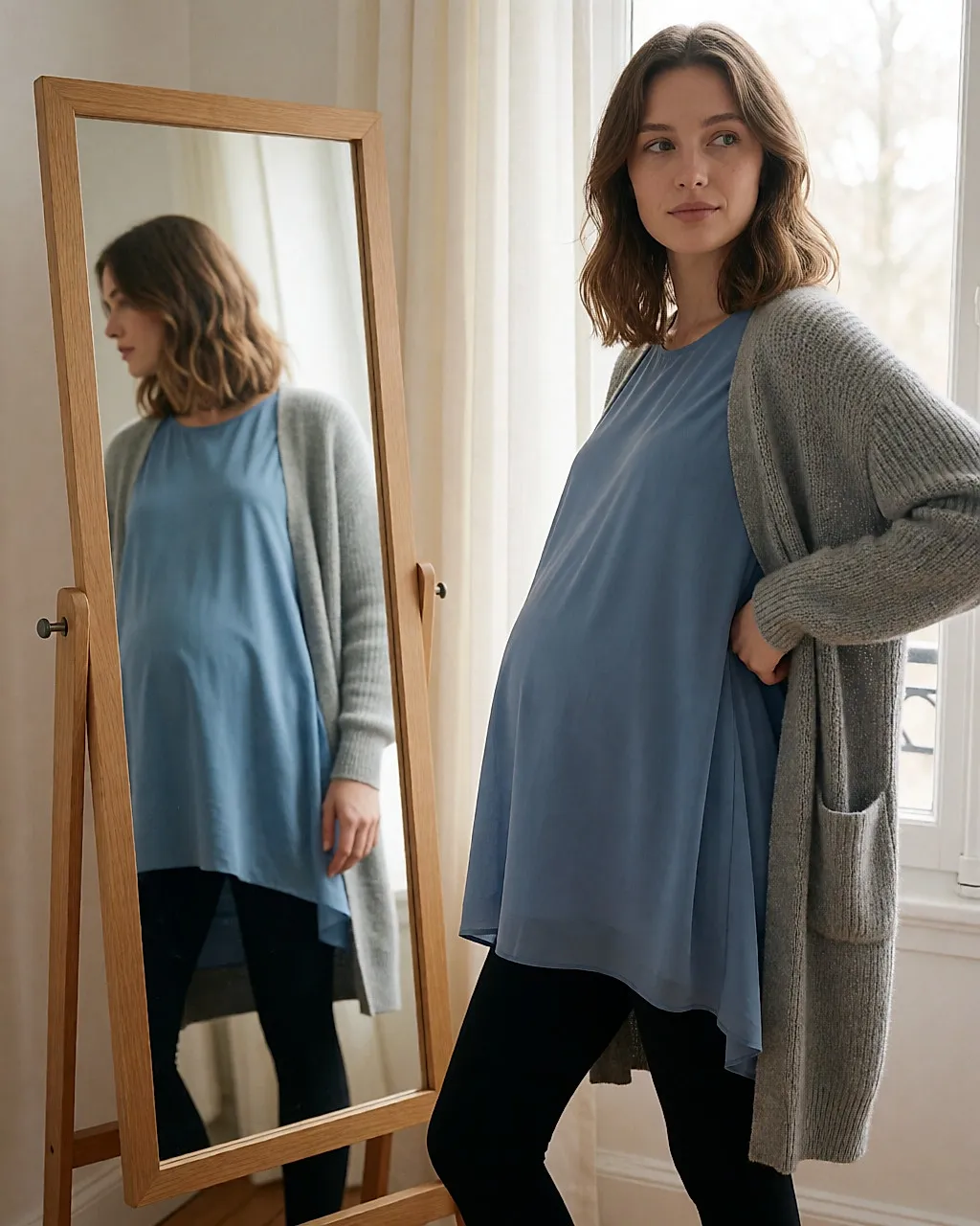 Pregnant woman in high-waisted leggings, a fluid tunic dress and an open longline cardigan, full-length view