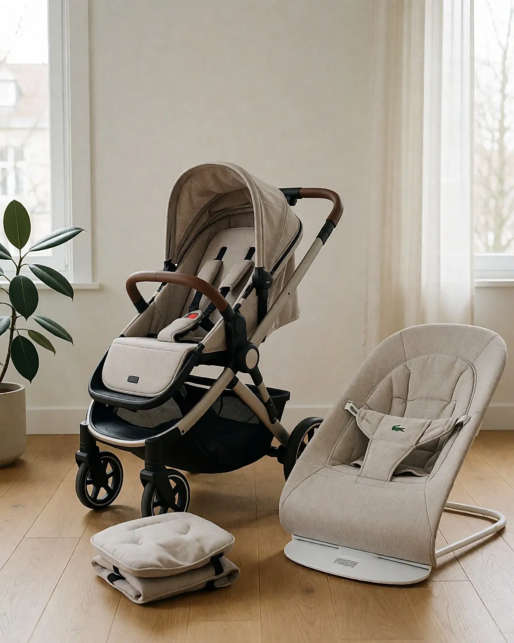 A dismantlable pushchair and fabric bouncer in a bright living room, with a cover beside it