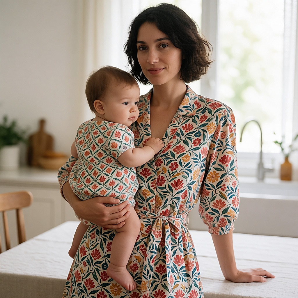 Woman wearing a soft fabric Mei-Tai, baby held against her chest