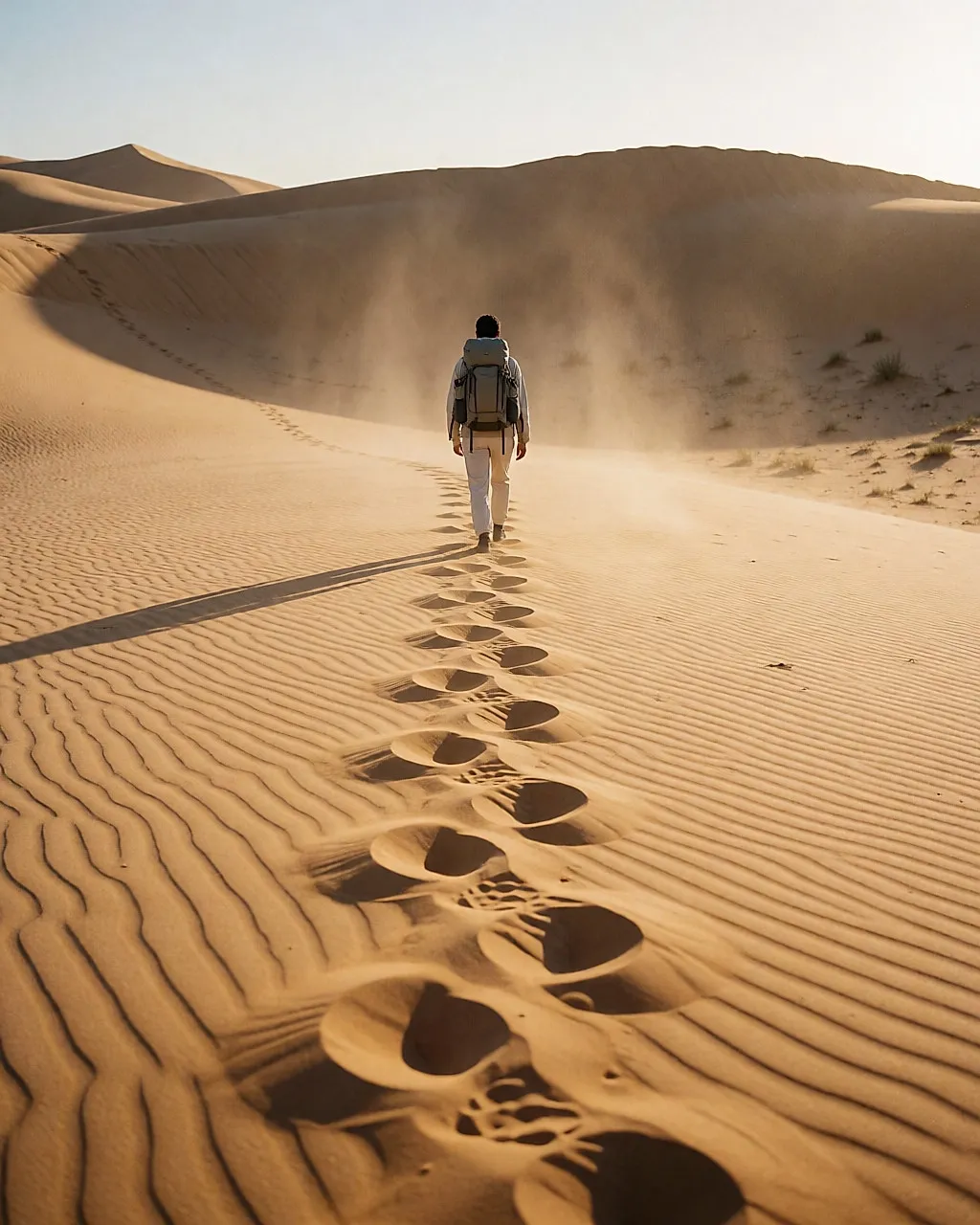 Einzelne wandernde Person von hinten, die durch Sanddünen einer Wüste geht