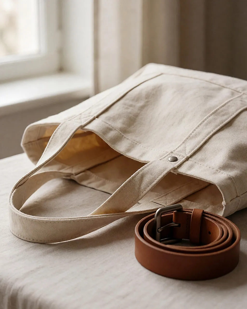 Detail of the inside seam of a cotton canvas tote, beside a leather belt
