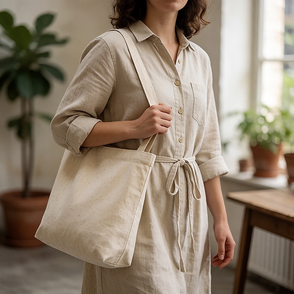 Young woman walking in a hemp and cotton shirt dress, canvas tote carried over the shoulder