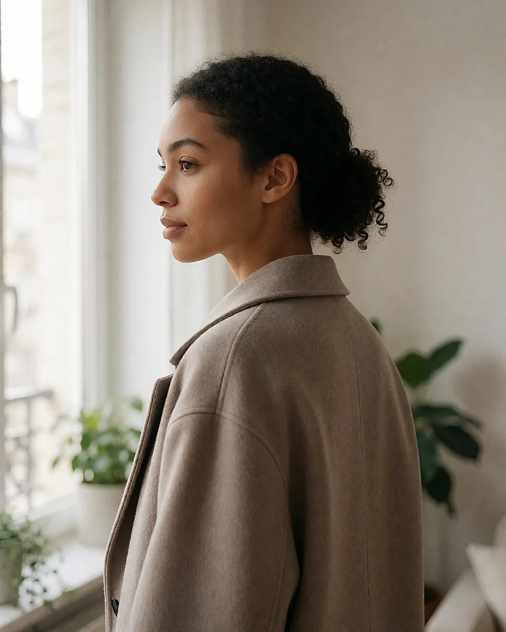 Three-quarter rear view of a woman wearing a fine knit under an oversize coat