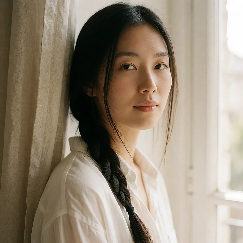 A loose braid on straight hair with strands left free around the face