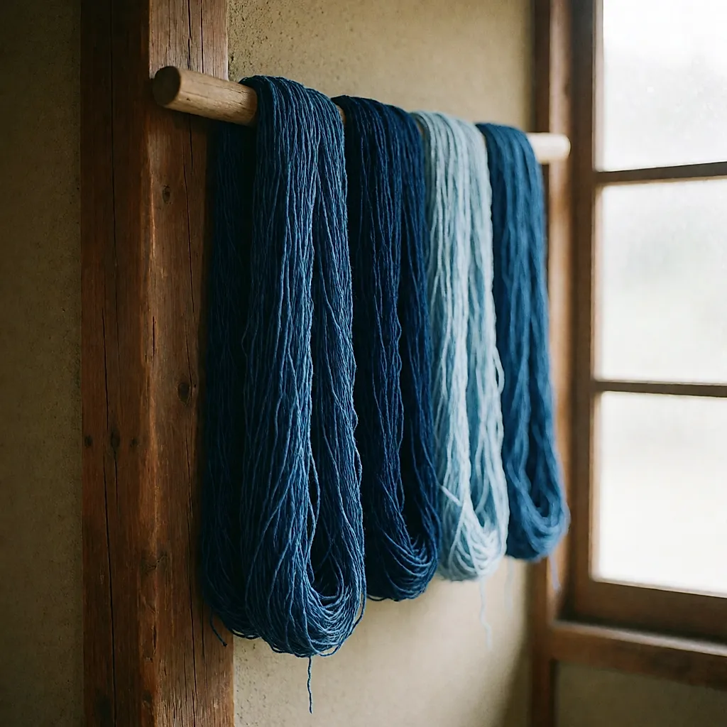Écheveaux de fil de coton teints à l'indigo suspendus dans un atelier de tissage japonais