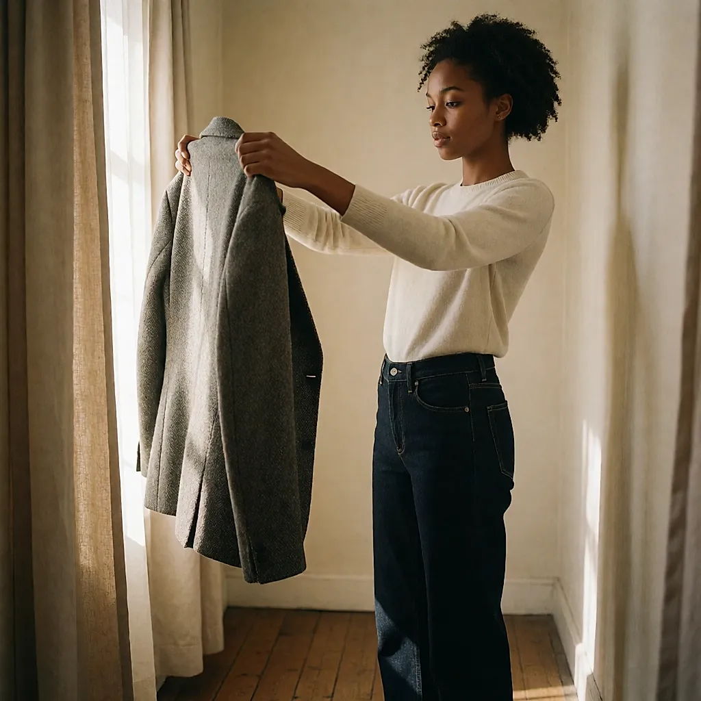En cabine, une femme soupèse une veste en tweed tenue par les épaules