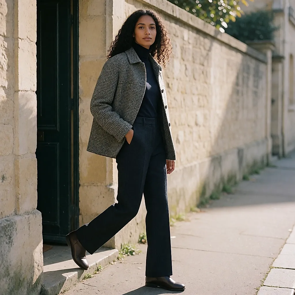 Une veste en tweed portée sur une maille fine et un pantalon droit