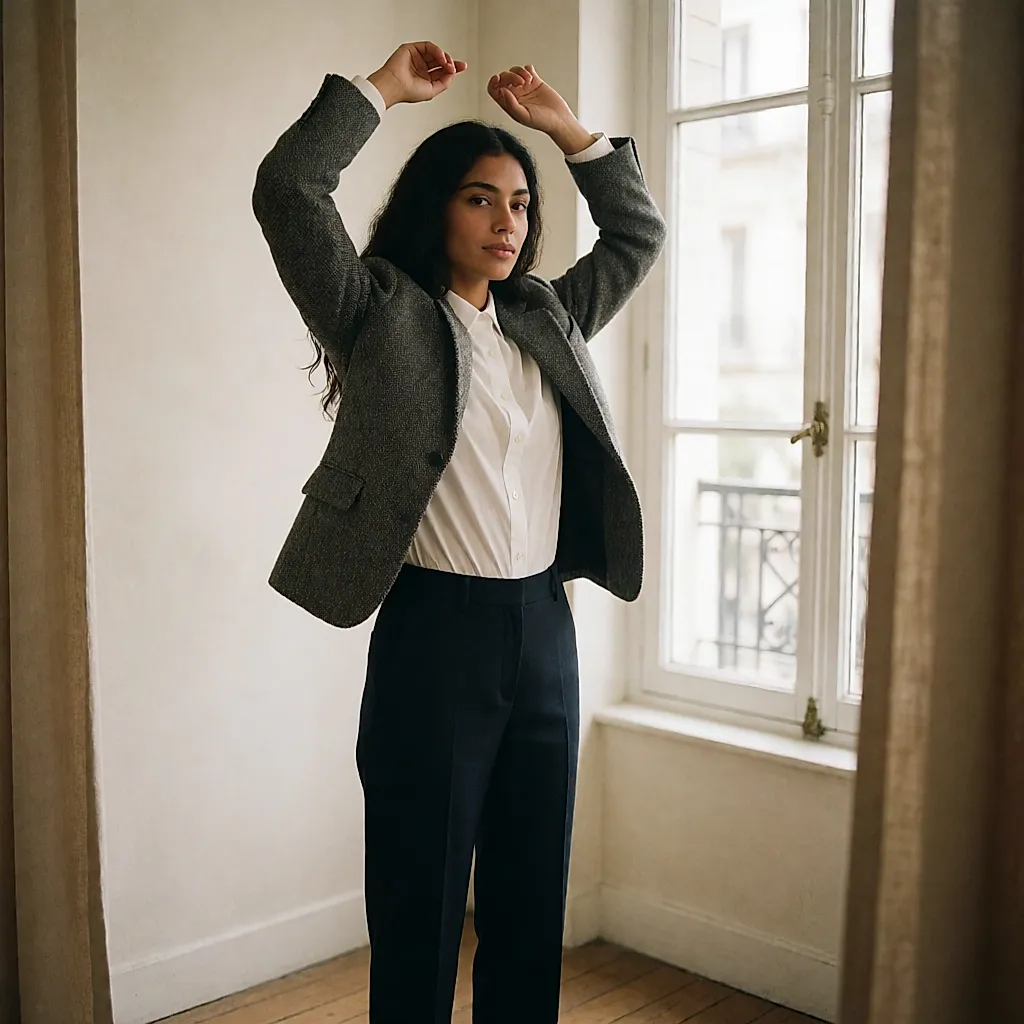 Bras levés en cabine pour vérifier l'emmanchure d'une veste en tweed