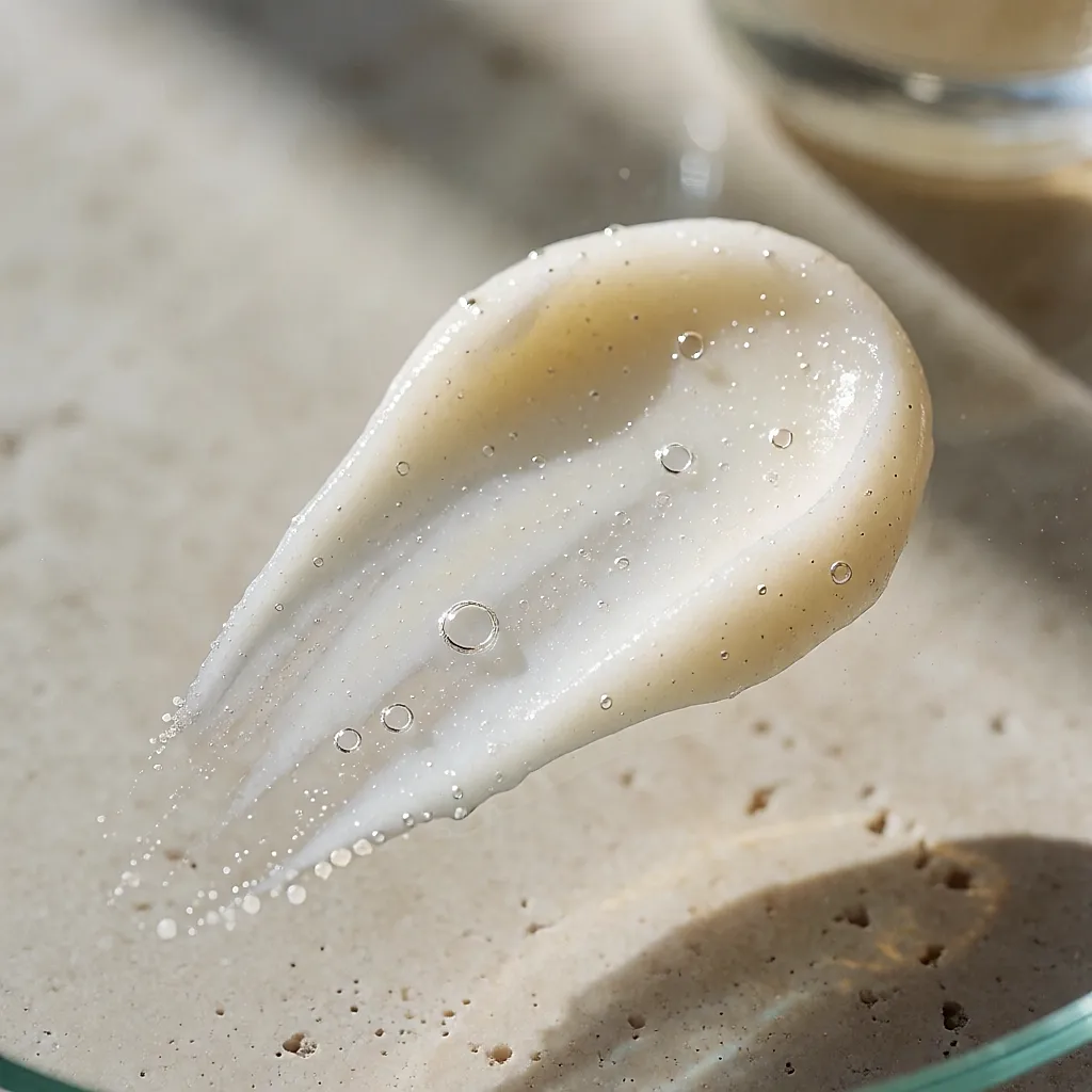 Texture gélifiée d'un soin exfoliant avec quelques cristaux de sucre