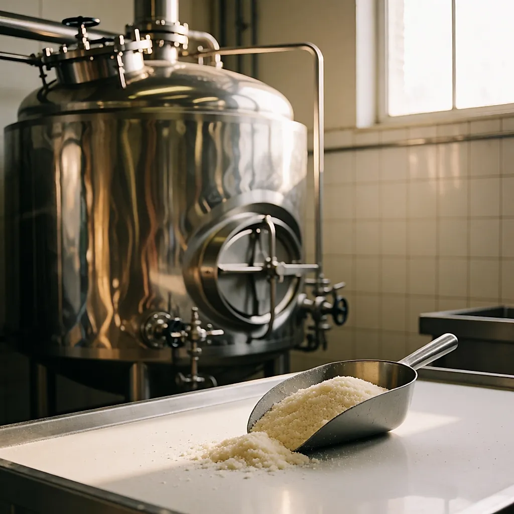 Cuve de fermentation en acier inoxydable et pulpe de betterave dans une sucrerie