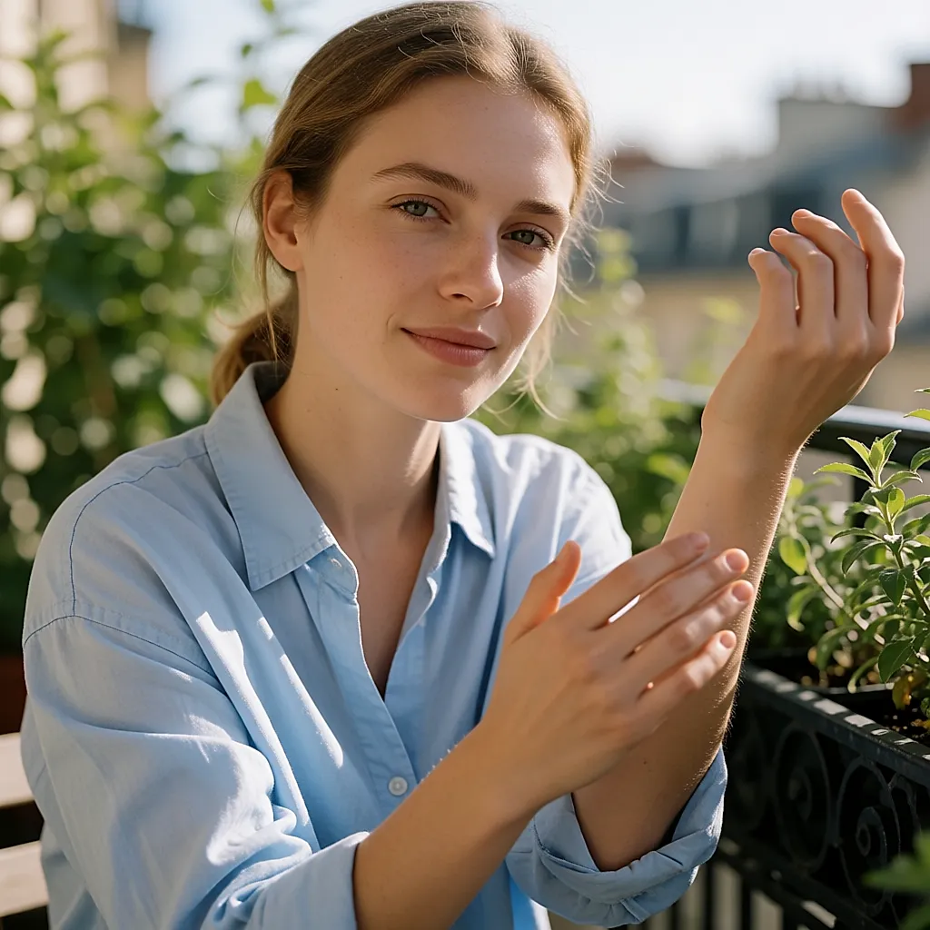 Jeune femme appliquant une protection solaire sur son avant-bras au balcon