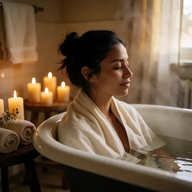 A bathtub set up for an at-home spa evening, with candles, bath salts and skincare within reach