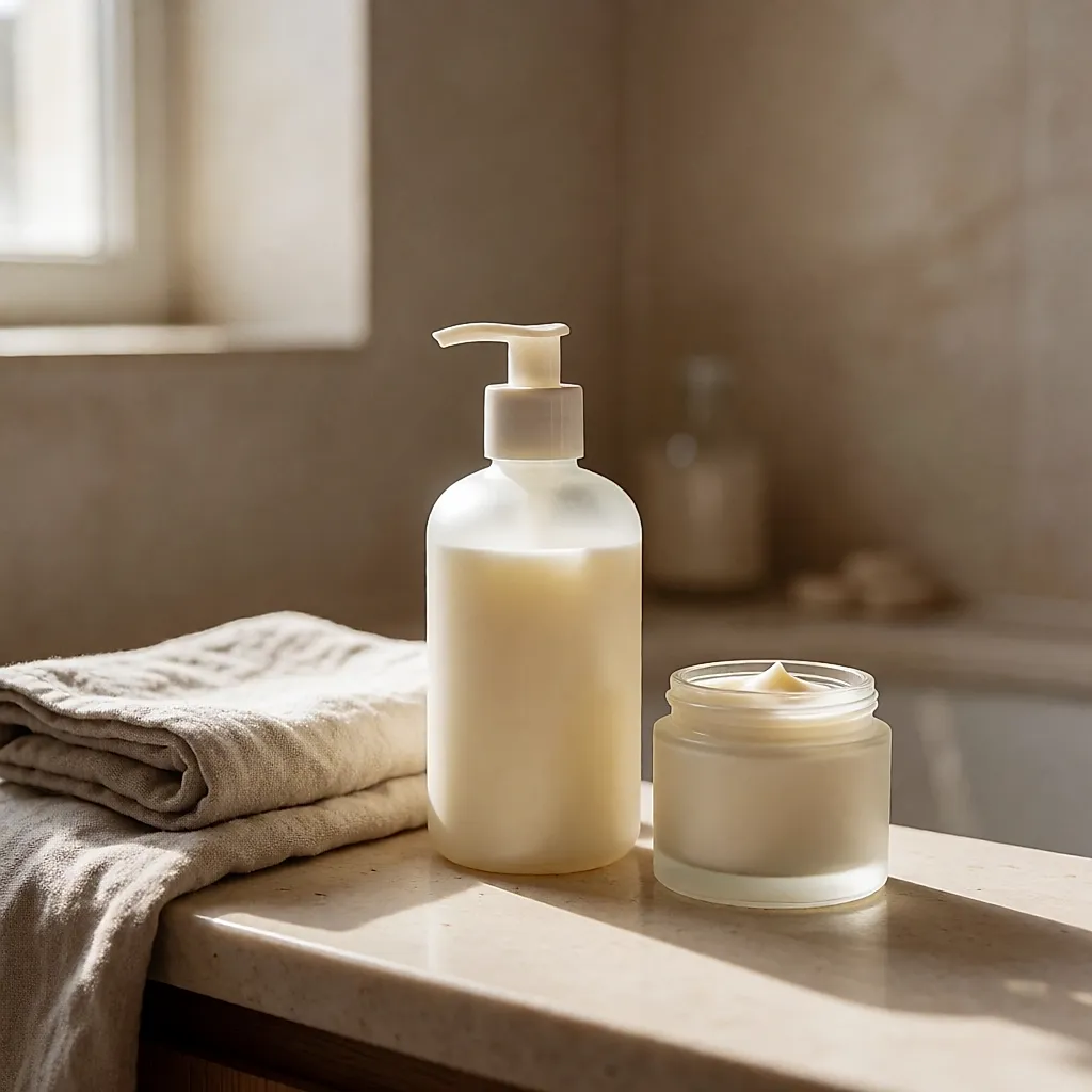 Body lotion and face cream on a bathroom counter