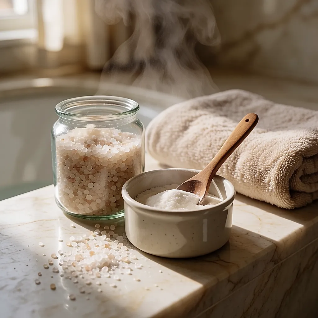 Grainy bath salts and fine powder in glass jars at the edge of the bath