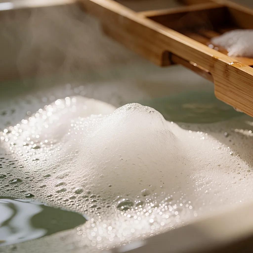 Light bath foam floating on the surface of hot water