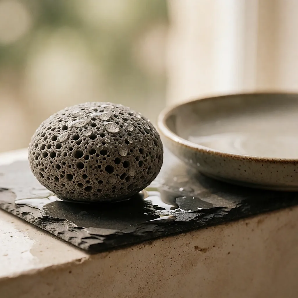 A grey, porous volcanic pumice stone resting on a wet stone