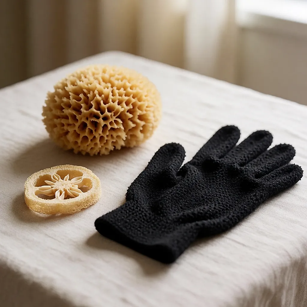 A sea sponge, a slice of loofah and a kessa glove on a light cloth
