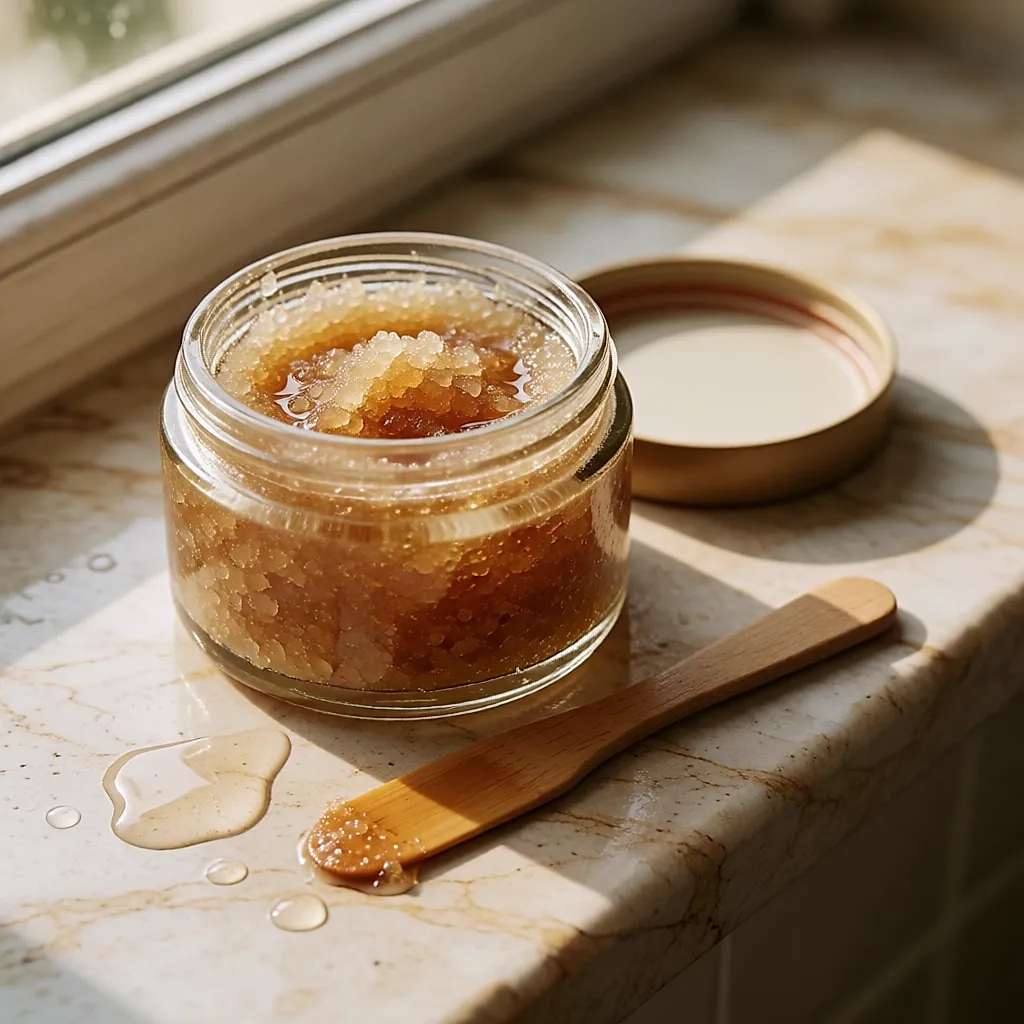 An open pot of body scrub with a visible sugar and oil texture