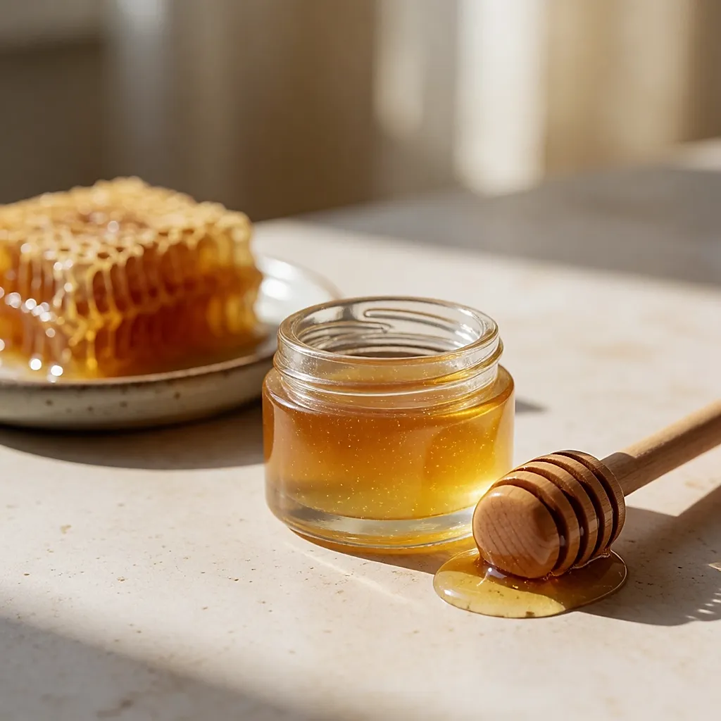 Golden honey mask in a small glass jar with a wooden spoon