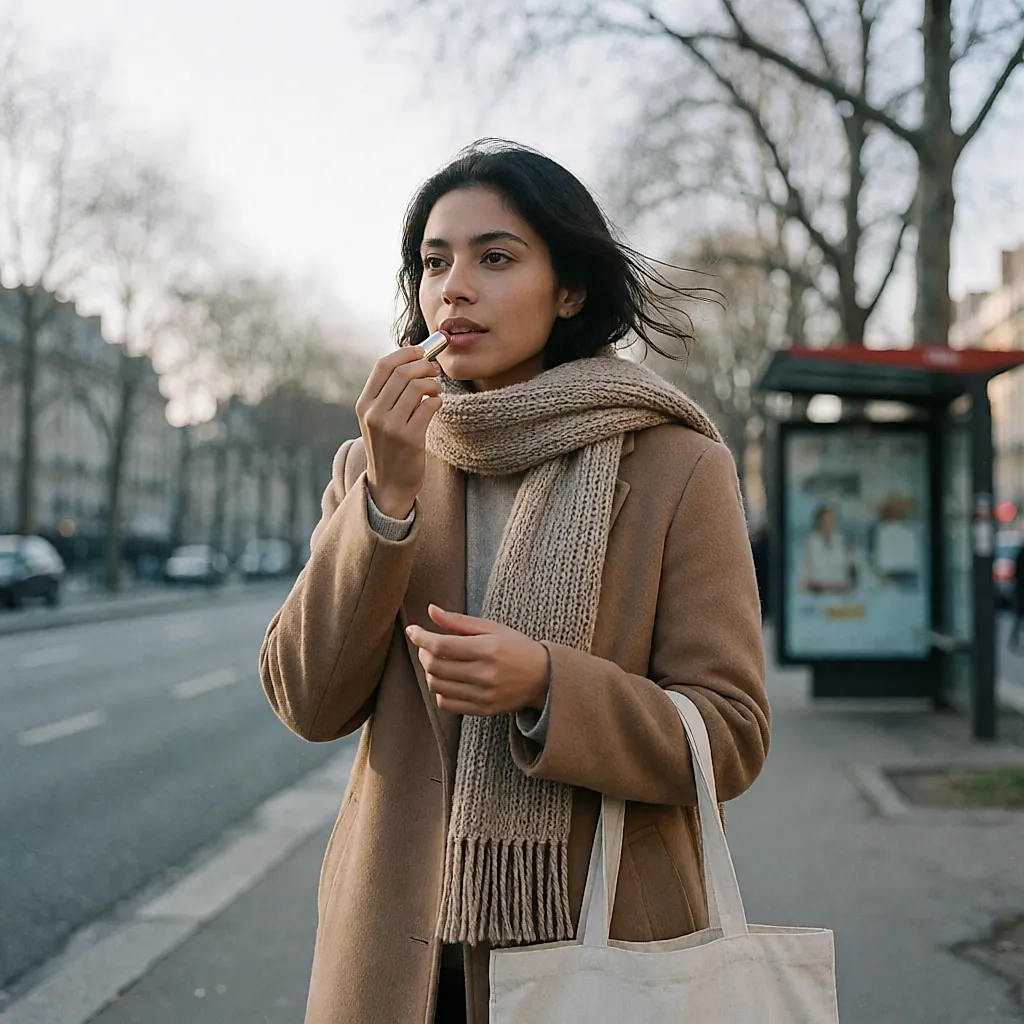 Jeune femme appliquant un stick de baume cireux d'une main, sur un trottoir d'hiver