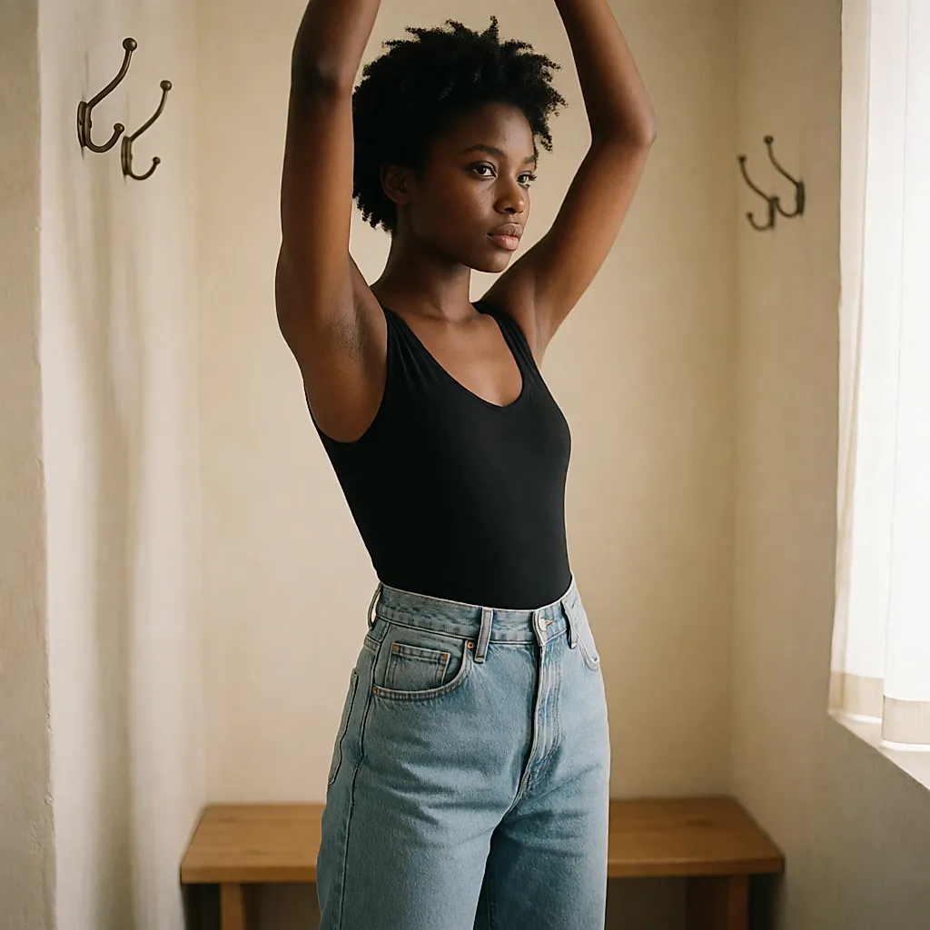 Une femme en body noir et jean taille haute lève les bras en cabine pour éprouver la longueur de buste