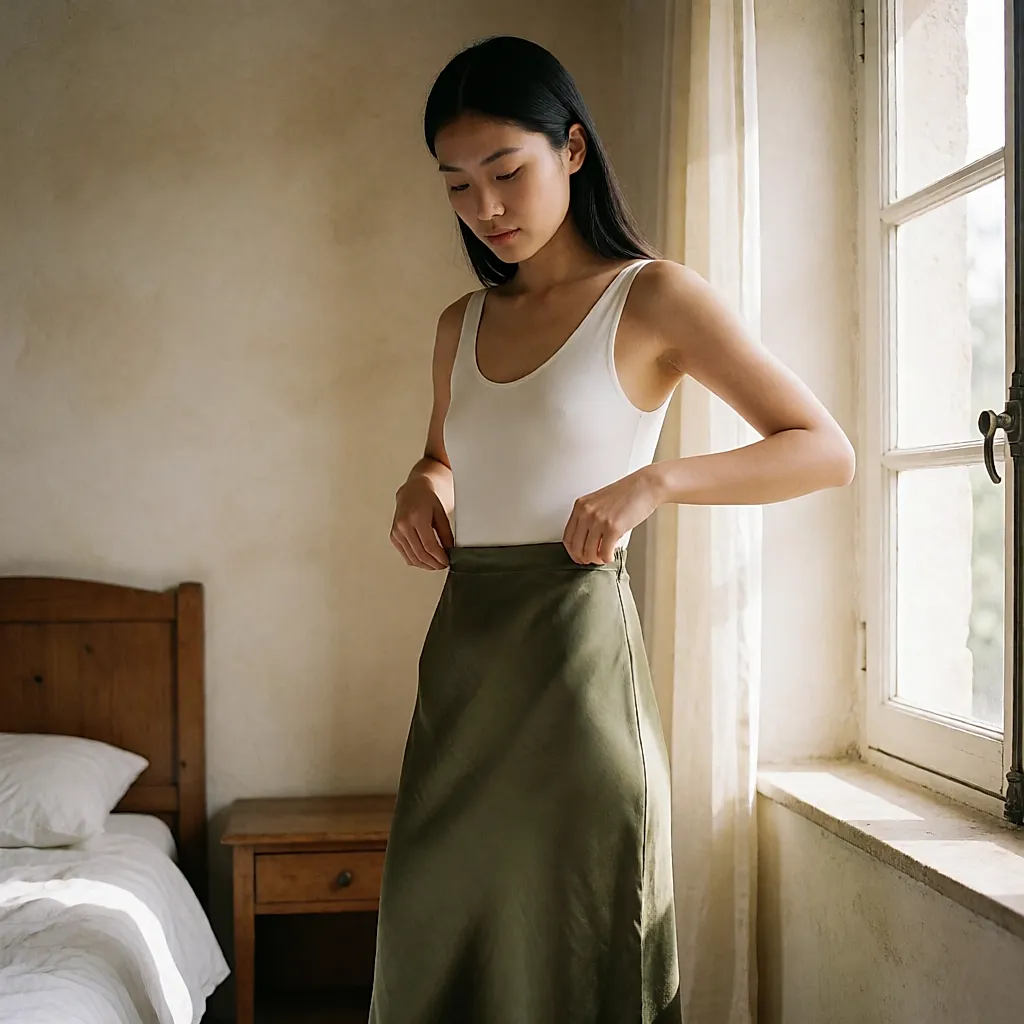 Un body blanc en coton porté sous une jupe midi taille haute olive, ajusté à la taille dans une chambre claire
