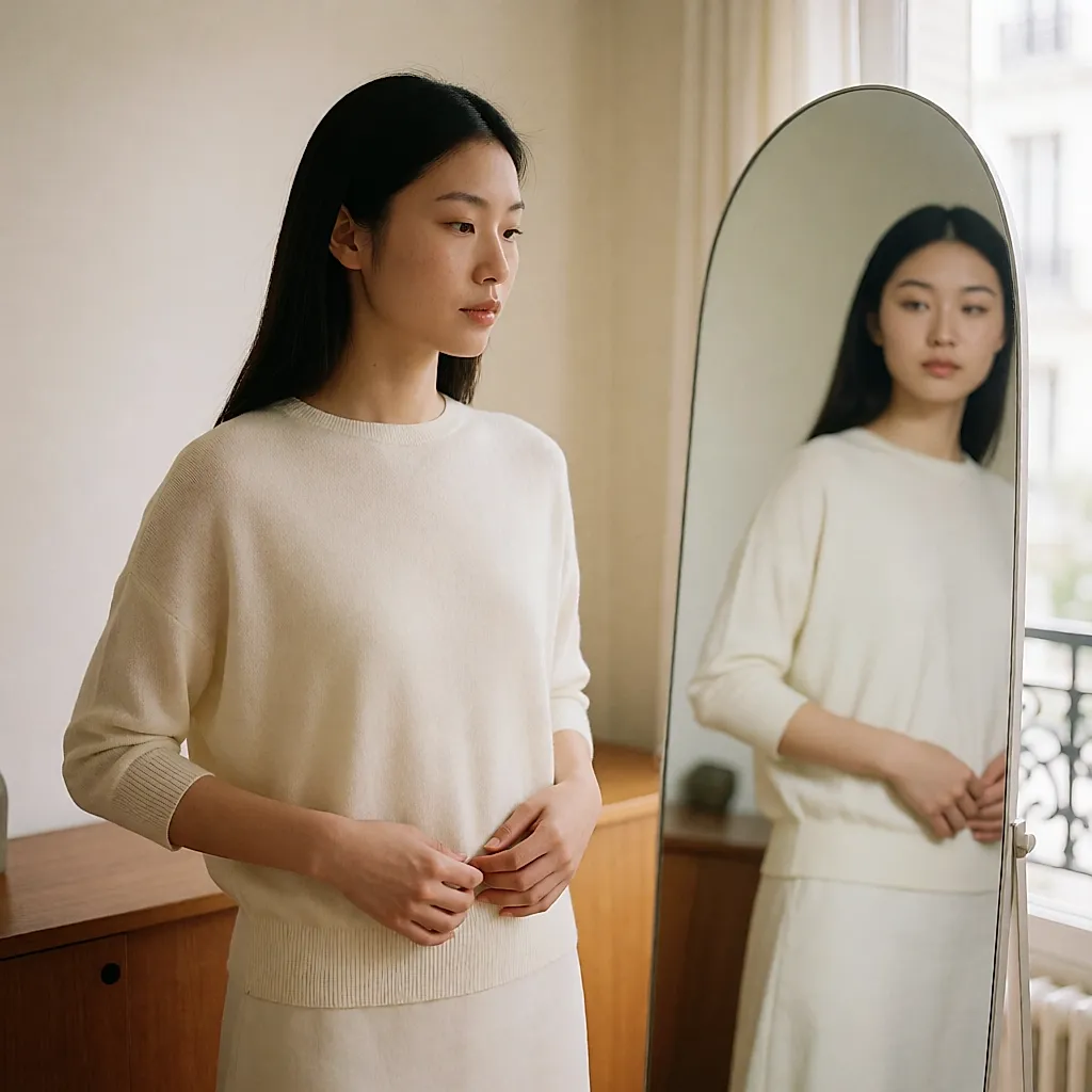 Une jeune femme devant le miroir de l'entrée ajuste une maille fine ivoire